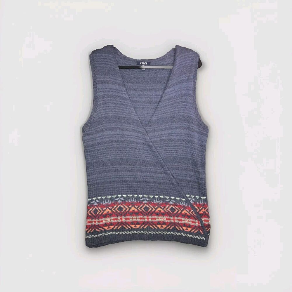 Chaps Denim Knit‎ Vest Blue Aztec Southwestern Colorful Trim Women’s Size Large